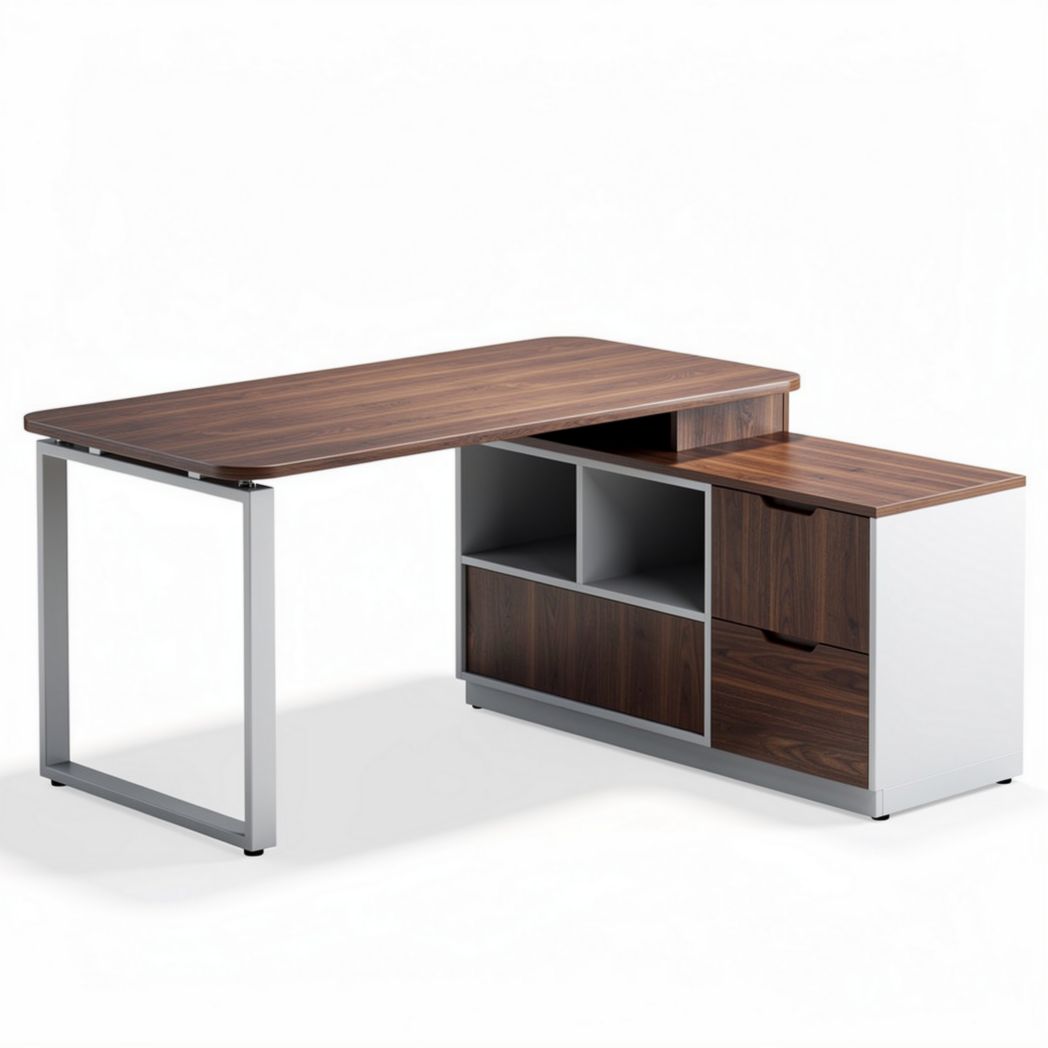 Wooden corner desk with storage compartments and metal frame dimensions 150 x 70 x 75cm