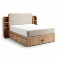 Wooden bed frame with storage drawers and fabric headboard in natural finish 200 x 160 x 100cm
