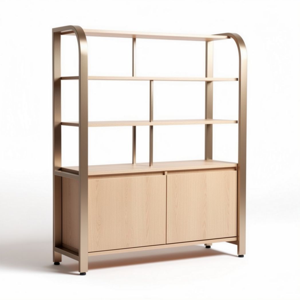 Wood and metal bookshelf with lower storage cabinets designed for home or office use 100 x 40 x 180cm