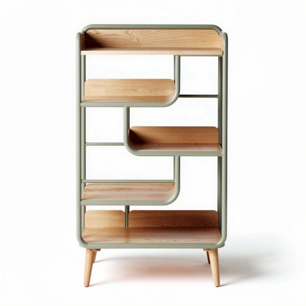 Wooden bookshelf with asymmetrical design and metal frame in green 80 x 40 x 120cm