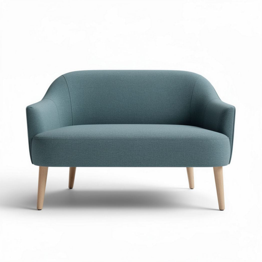 Fabric two-seater sofa in light blue with wooden legs 150 x 70 x 75cm