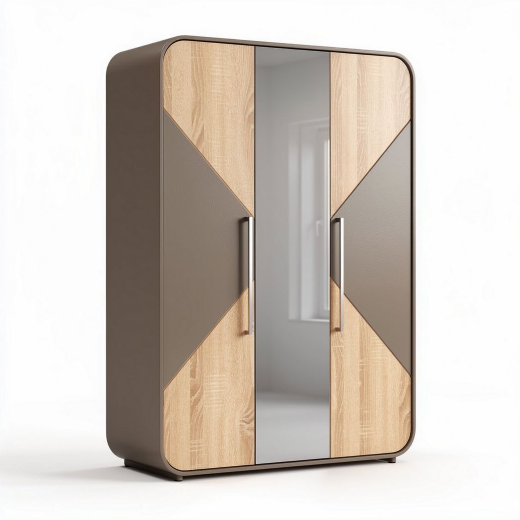 Modern wardrobe with mirrored doors and wood accents 150 x 100 x 200cm