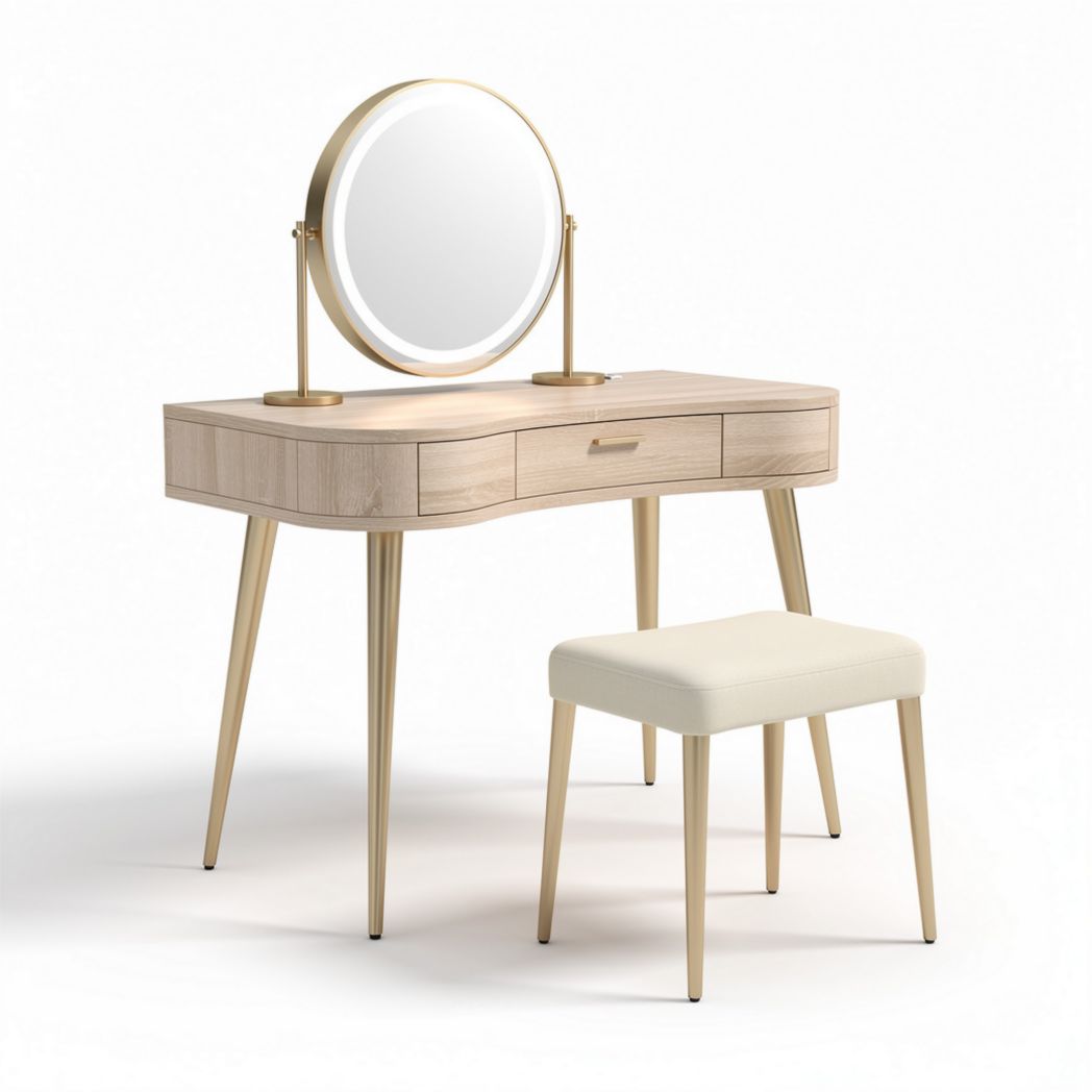 Vanity table set with round mirror and upholstered stool in light wood 100 x 40 x 75cm