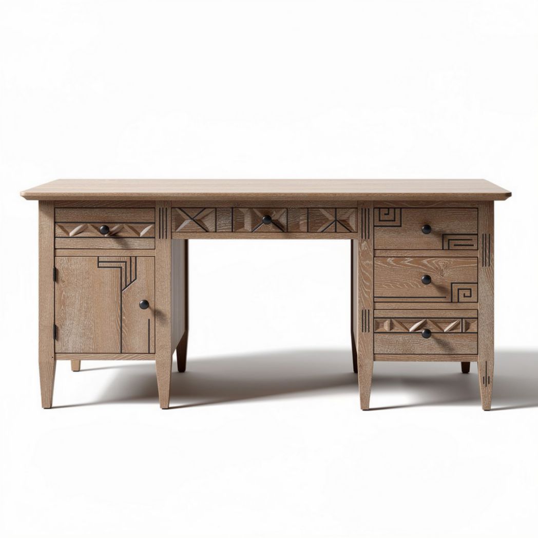 Wooden desk with geometric carvings and multiple storage drawers 120 x 60 x 75cm
