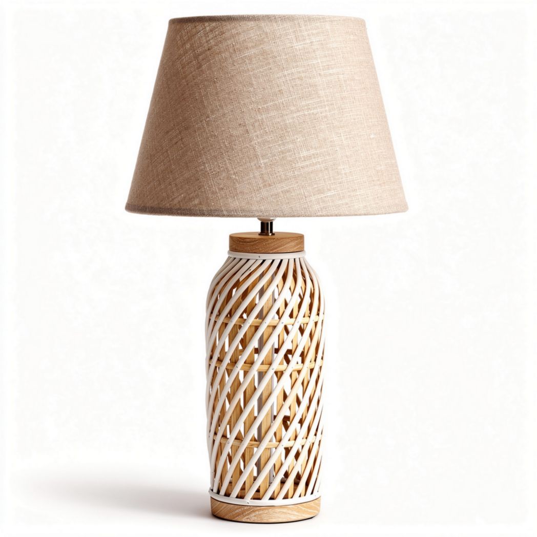 Woven rattan table lamp with beige fabric shade and wooden base 30 x 30 x 60cm