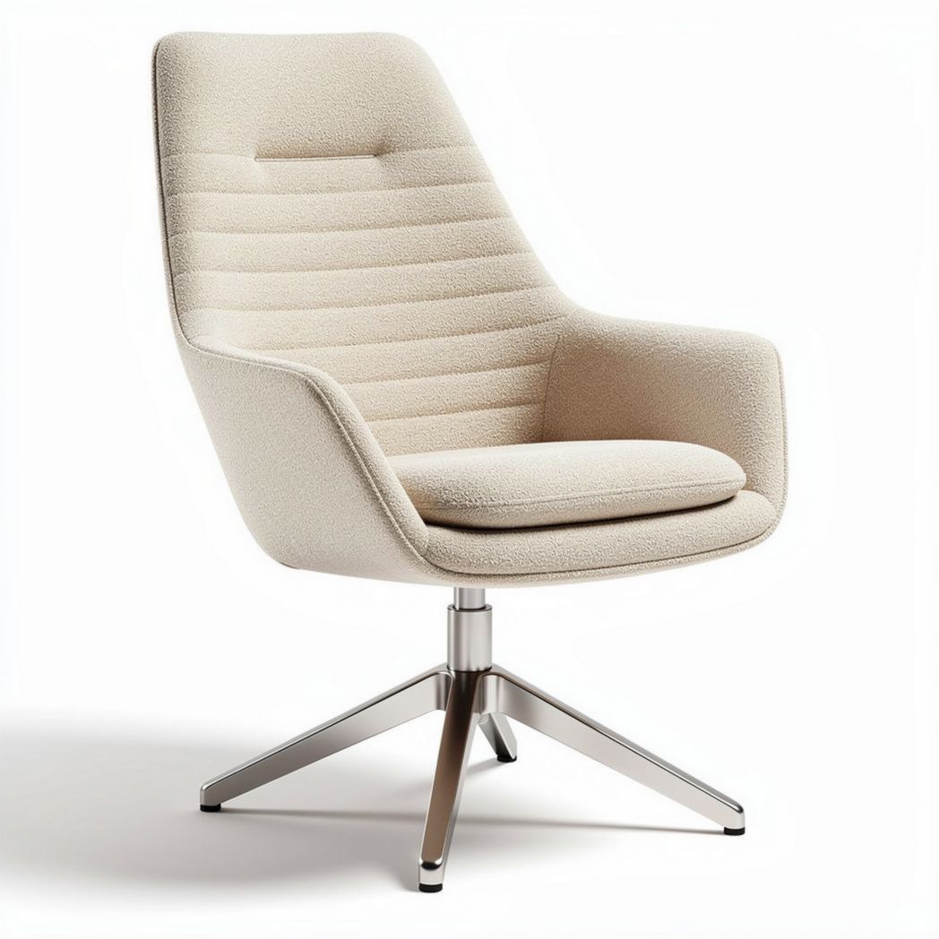 Upholstered swivel accent chair in cream fabric with sleek metal base 70 x 70 x 90cm
